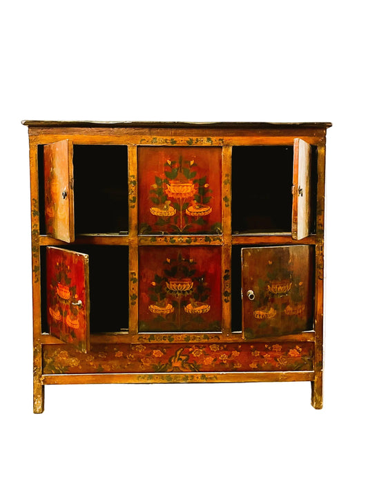 Mobile tibetano originale in legno massiccio dipinto in lacca frontale aperto