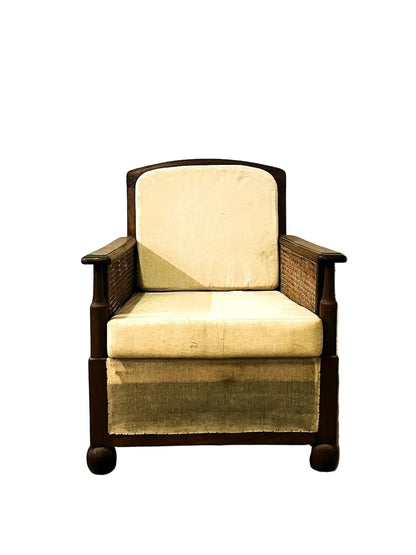 Set 2 poltrone e 1 divano coloniale originale in Teak e paglia di Vienna con cuscini  poltrona frontale