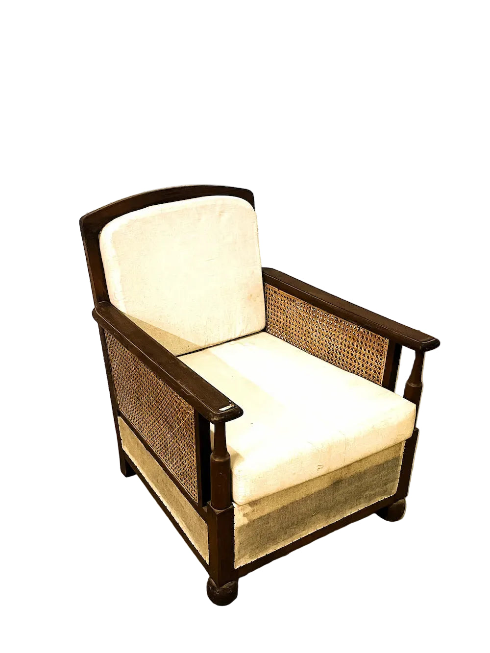 Set 2 poltrone e 1 divano coloniale originale in Teak e paglia di Vienna con cuscini  poltrona