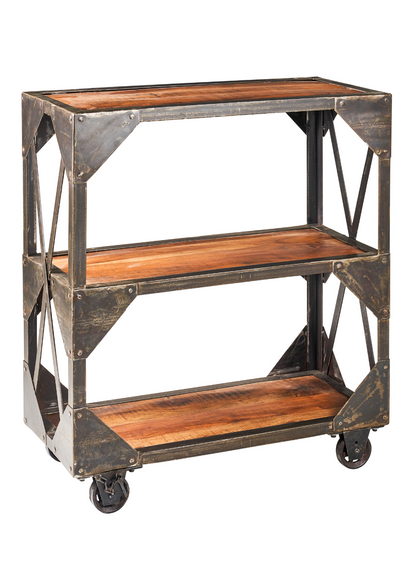 Libreria etagere in legno massiccio di recupero e metallo con ruote