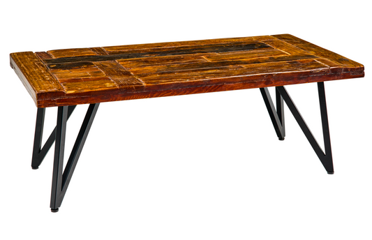 Tavolino da caffè piano in legno massiccio di recupero gambette in acciaio