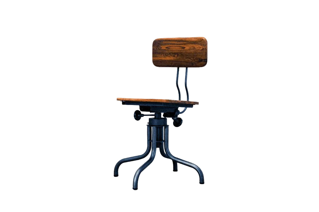 Sedia, poltroncina girevole industriale vintage retro in ferro battuto e teak riciclato regolabile