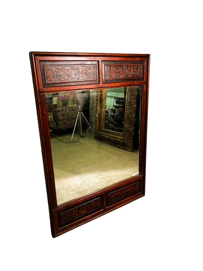 Specchio cinese originale con cornice in legno lavorato e dipinto