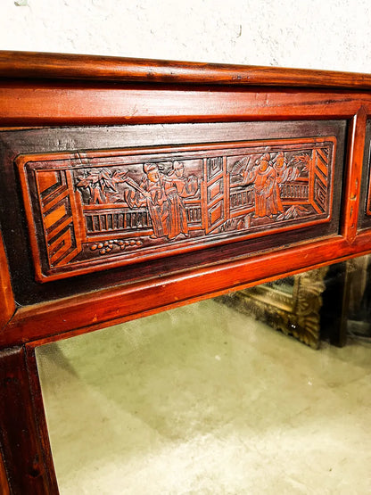Specchio cinese originale con cornice in legno lavorato e dipinto