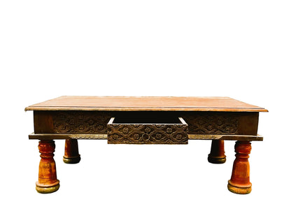 Tavolino indiano intarsiato con cassetto gambe rosse legno massiccio 