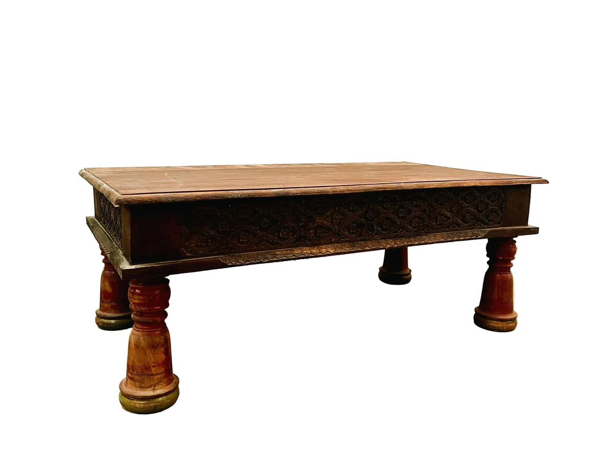 Tavolino indiano intarsiato con cassetto gambe rosse legno massiccio completo
