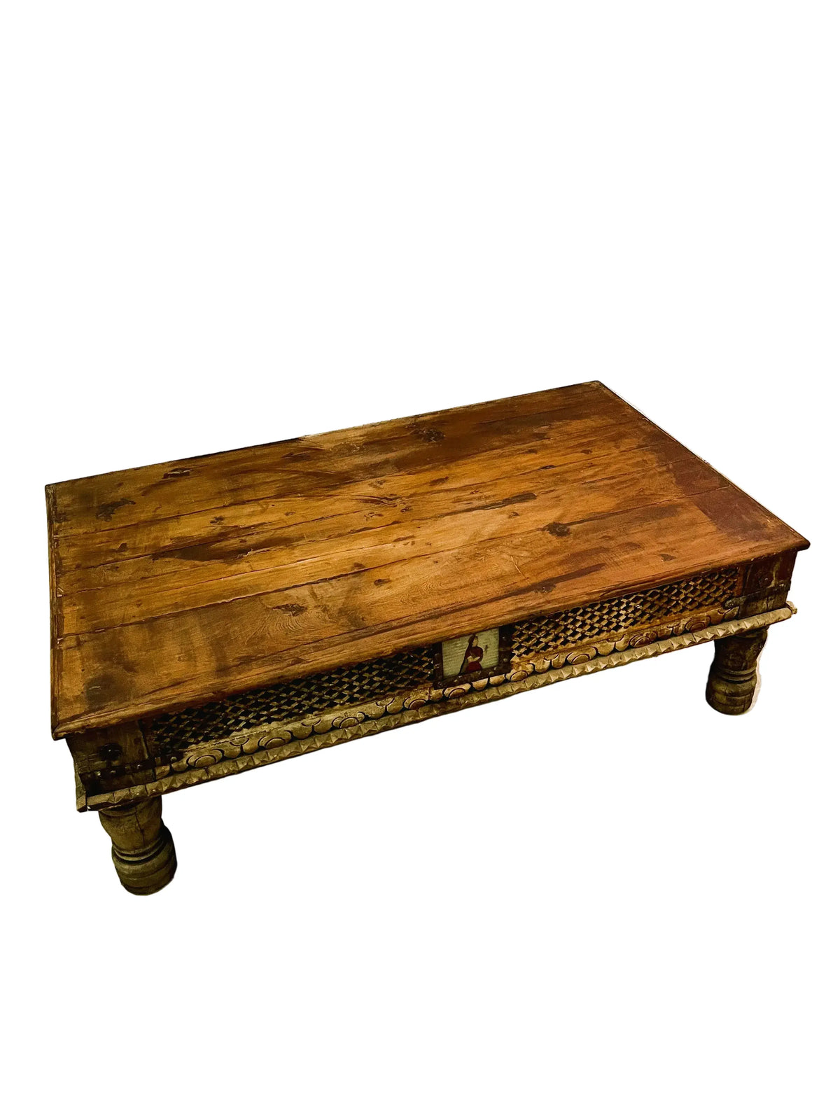 Tavolino indiano in Teak con fregio intarsiato e vetri dipinti piano 
