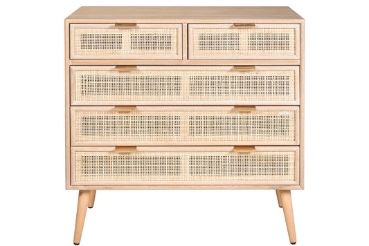 Cassettiera stile vintage con frontali in Rattan e struttura in legno 5 cassetti