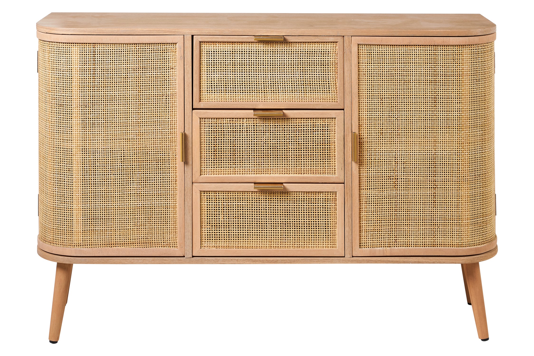 Credenza Portabottiglie In Stile Boho - Frontale In Rattan, Gambe In Legno, Colore Marrone Chiaro