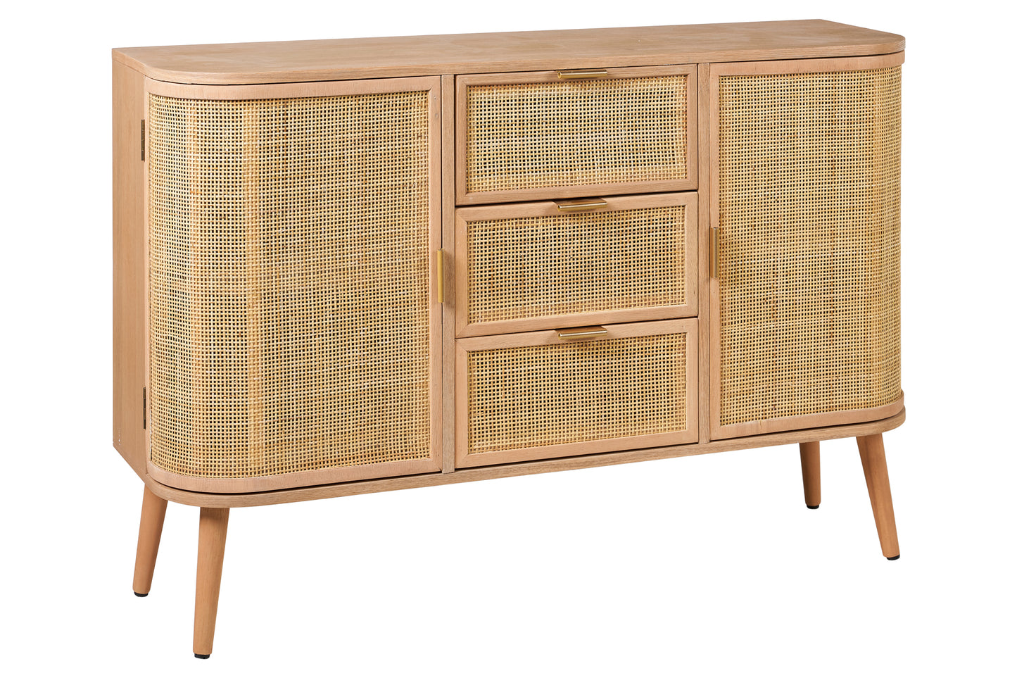 Credenza stile vintage con frontali in Rattan e struttura in legno con angoli arrotondati