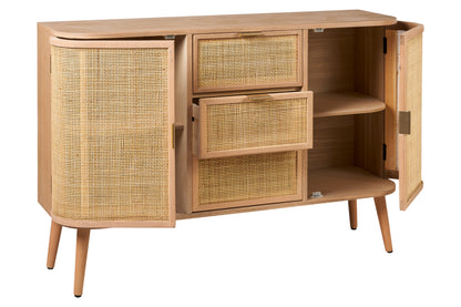 Credenza stile vintage con frontali in Rattan e struttura in legno con angoli arrotondati