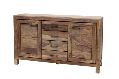 Credenza etnica in legno di Sheesham con ante e cassetti chiusi, dimensioni 150 × 45 × 88 cm.