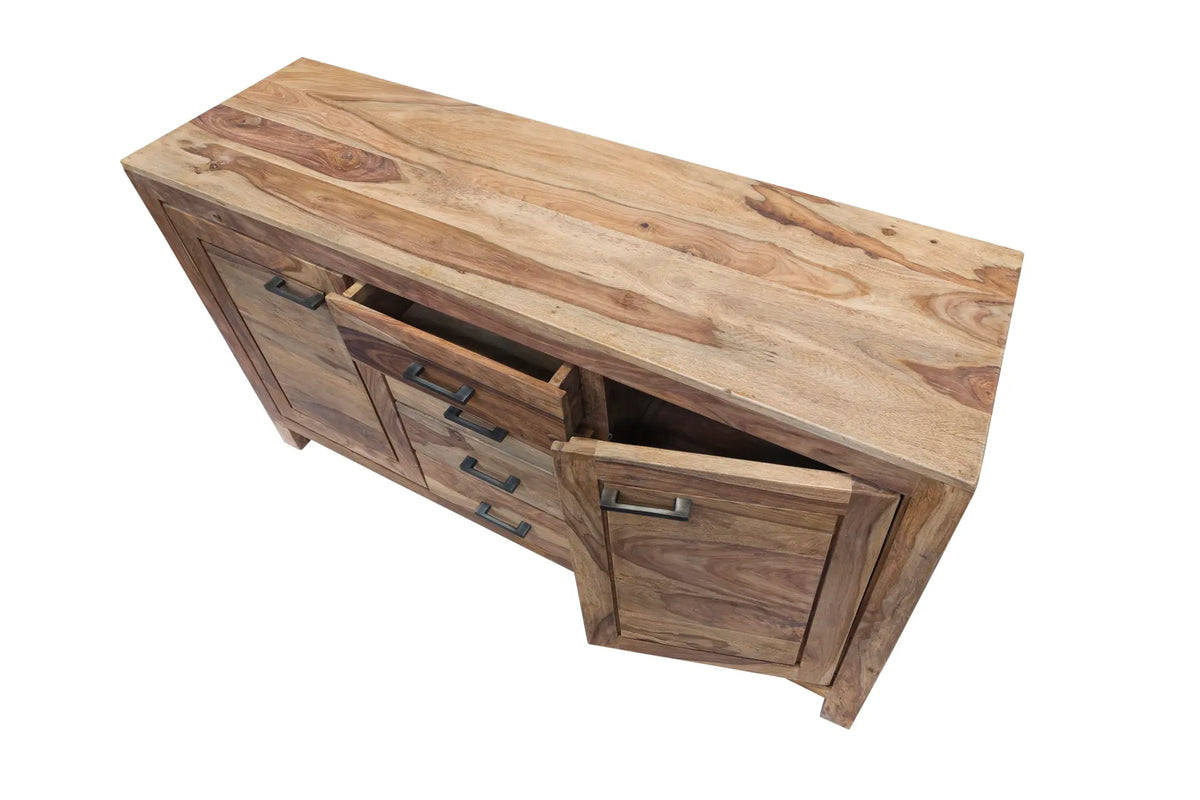 Credenza etnica in legno di Sheesham con 2 ante e 4 cassetti, vista frontale completa.