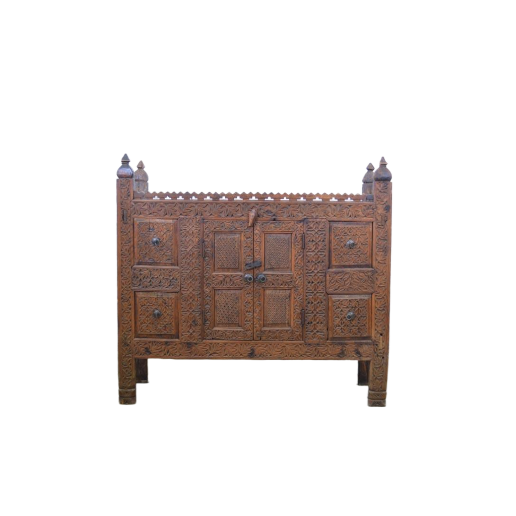 Antica Credenza afgana con intarsio legno massello di cedro 2 ante e 4 cassetti