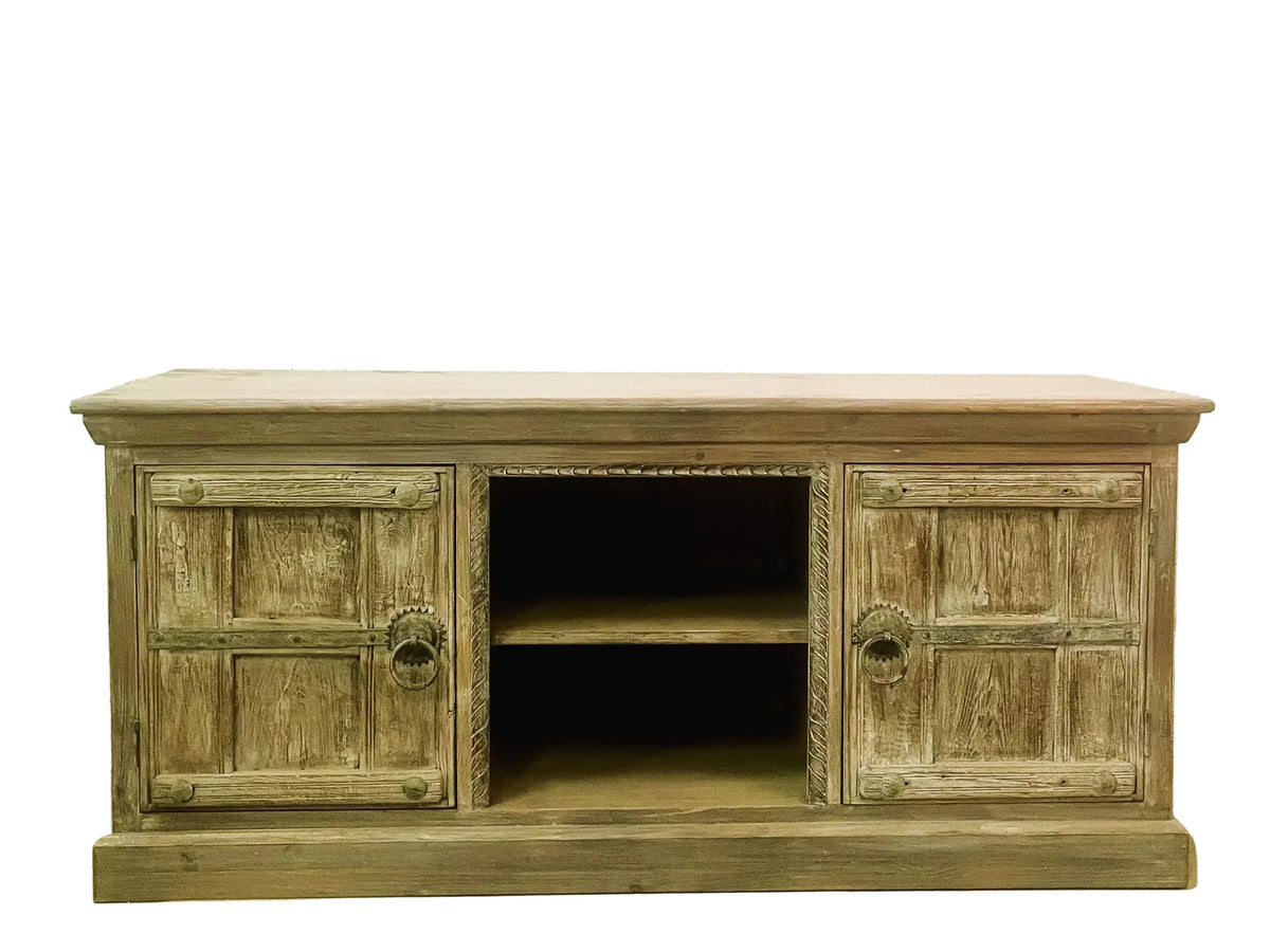 mobile porta tv indiano in legno massiccio con vecchie finestrelle