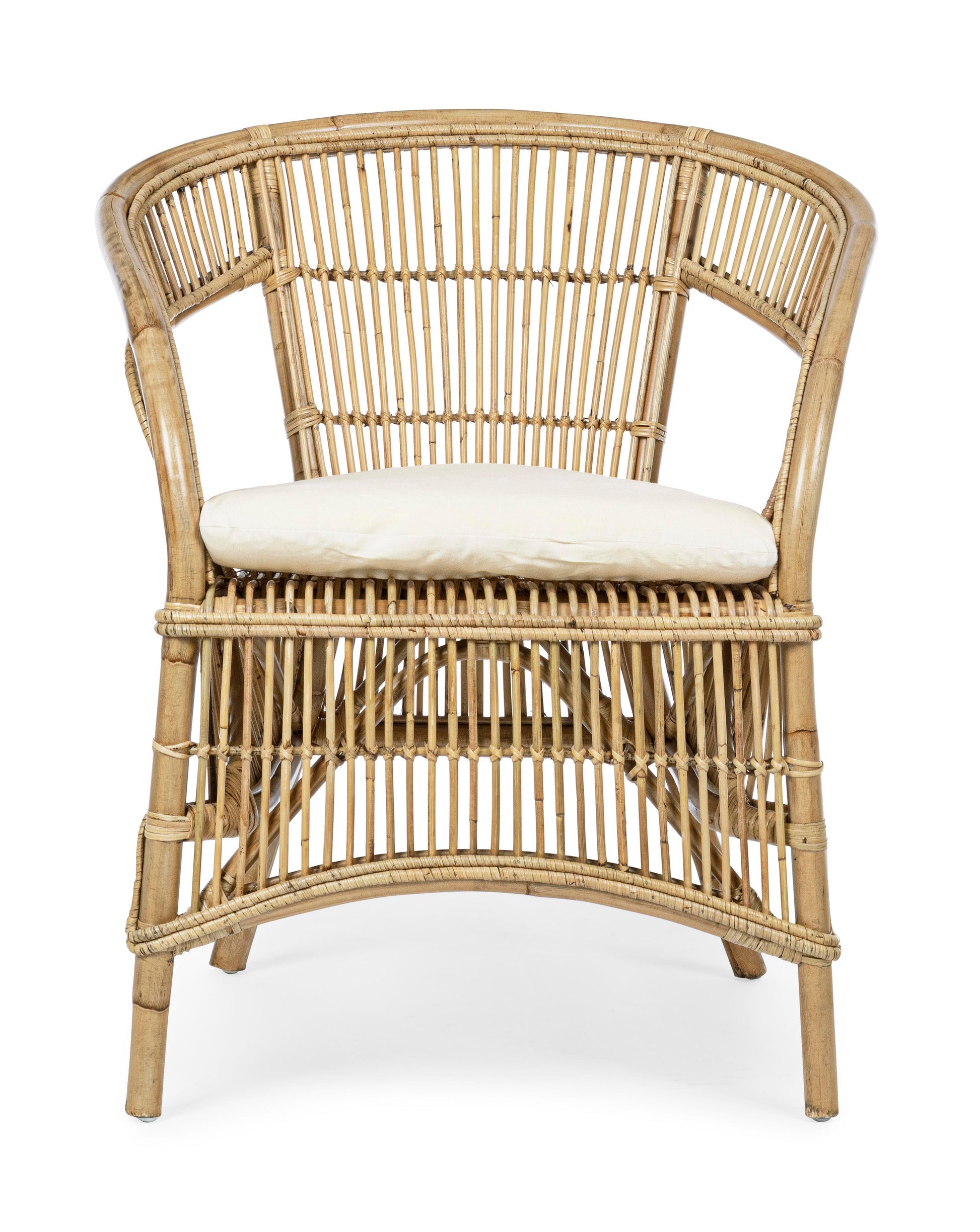 Poltrona in rattan, fibre naturali con cuscino in cotone sfoderabile 