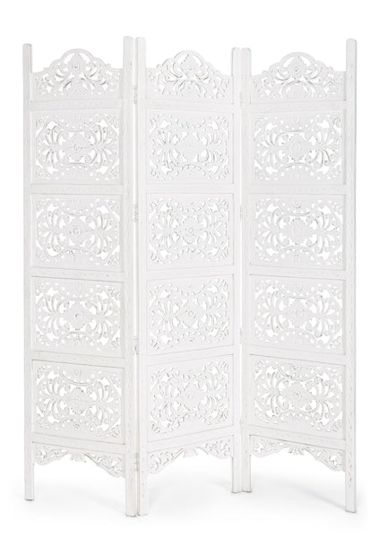 paravento etnico in legno intagliato bianco shabby 