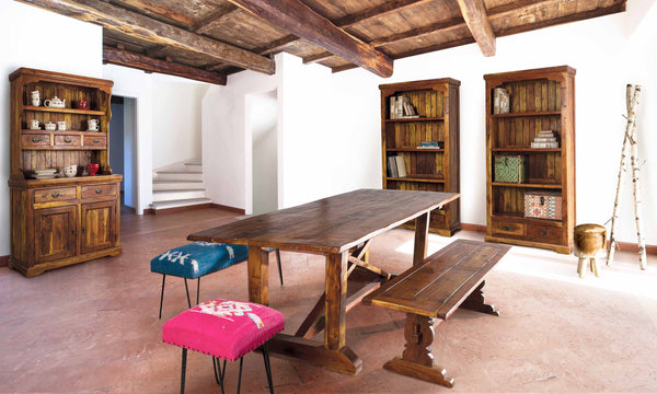 Libreria etnica indiana in legno massiccio di acacia 4 piani 2 cassetti - lapagoda.net