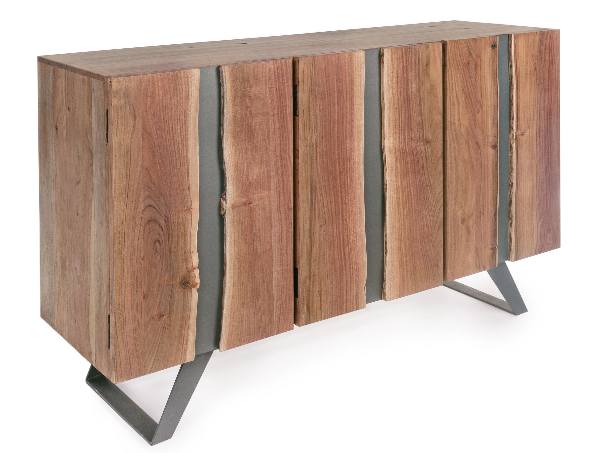 Credenza industrial in legno massello 3 ante con inserti in metallo verticali - lapagoda.net