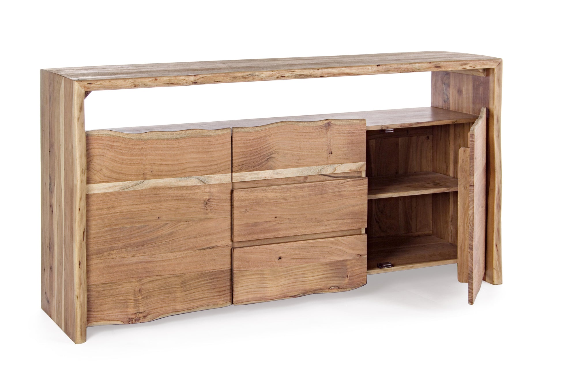 Credenza 2 ante 3 cassetti in legno massello grezzo d'acacia effetto legno vivo - dettaglio interno anta- lapagoda.net