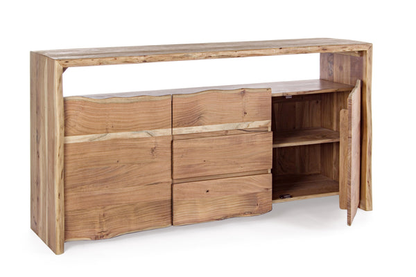 Credenza 2 ante 3 cassetti in legno massello grezzo d'acacia effetto legno vivo - dettaglio interno anta- lapagoda.net