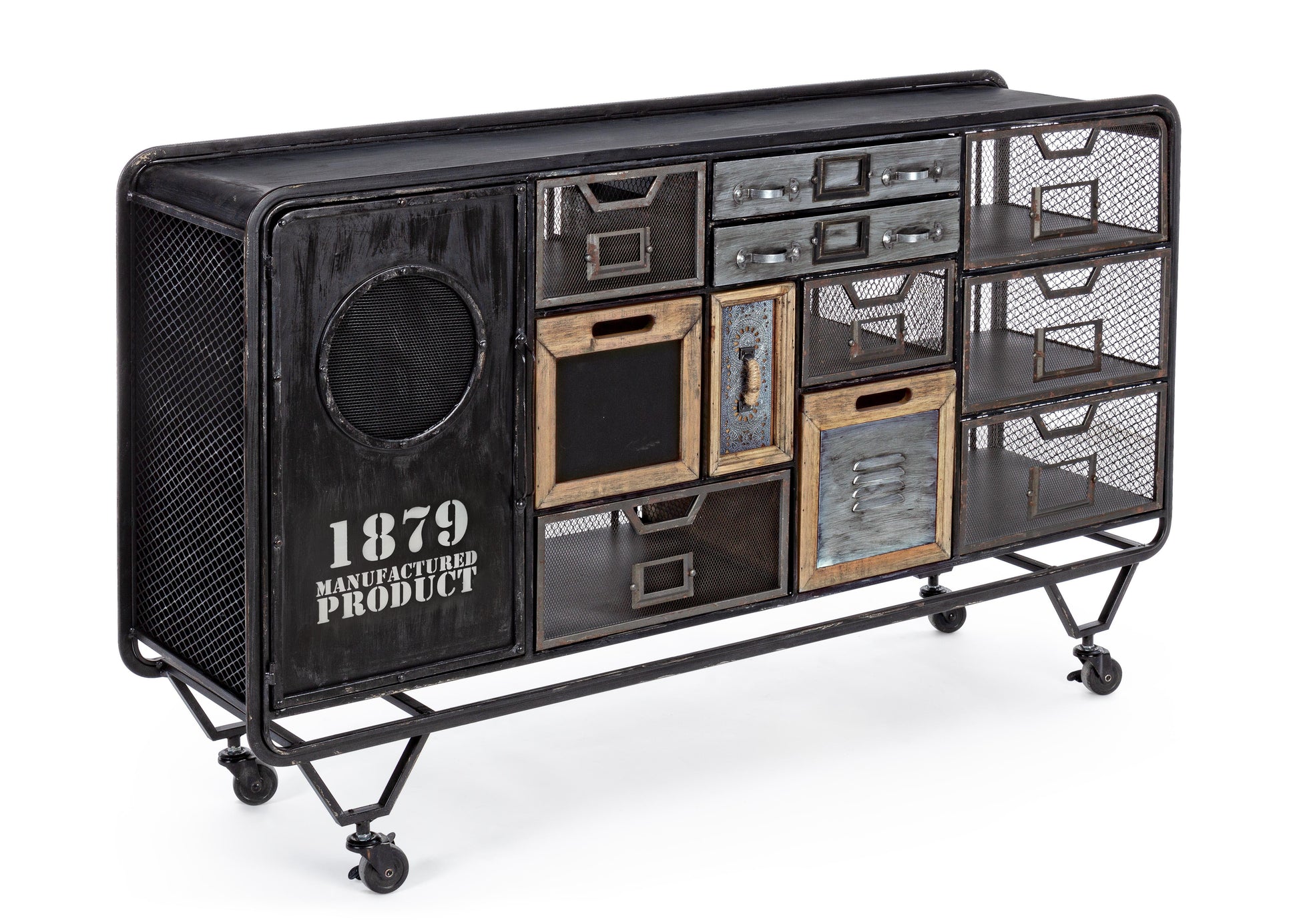 Mobile credenza DJ industrial con ruote 1 ante 11 cassetti - lapagoda.net