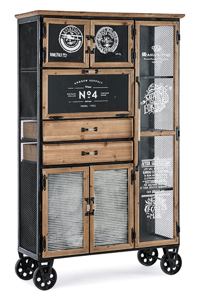 Mobile vetrina industrial con ruote 6 ante 2 cassetti
