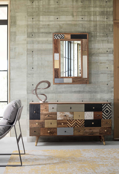 Credenza vintage multicolore pelle e metallo in legno massello 2 ante 4 cassetti