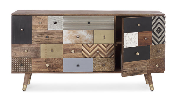 Credenza vintage multicolore pelle e metallo in legno massello 2 ante 4 cassetti