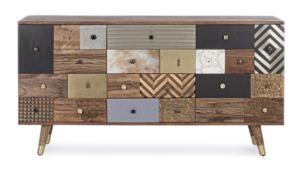 Credenza vintage multicolore pelle e metallo in legno massello 2 ante 4 cassetti