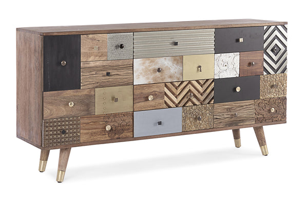 Credenza vintage multicolore pelle e metallo in legno massello 2 ante 4 cassetti