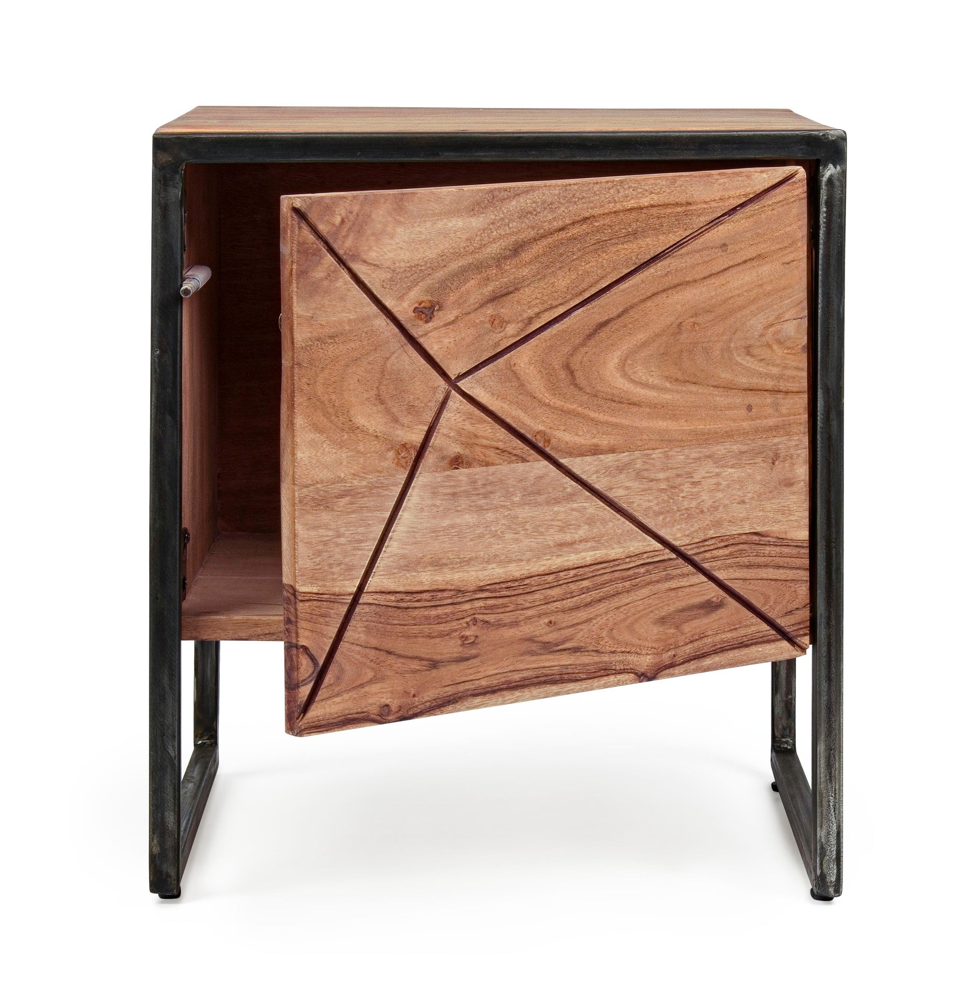 Comodino industrial vintage decorazione geometrica in legno massello e struttura in ferro con 1 anta - SPEDIZIONE GRATUITA  lapagoda.net