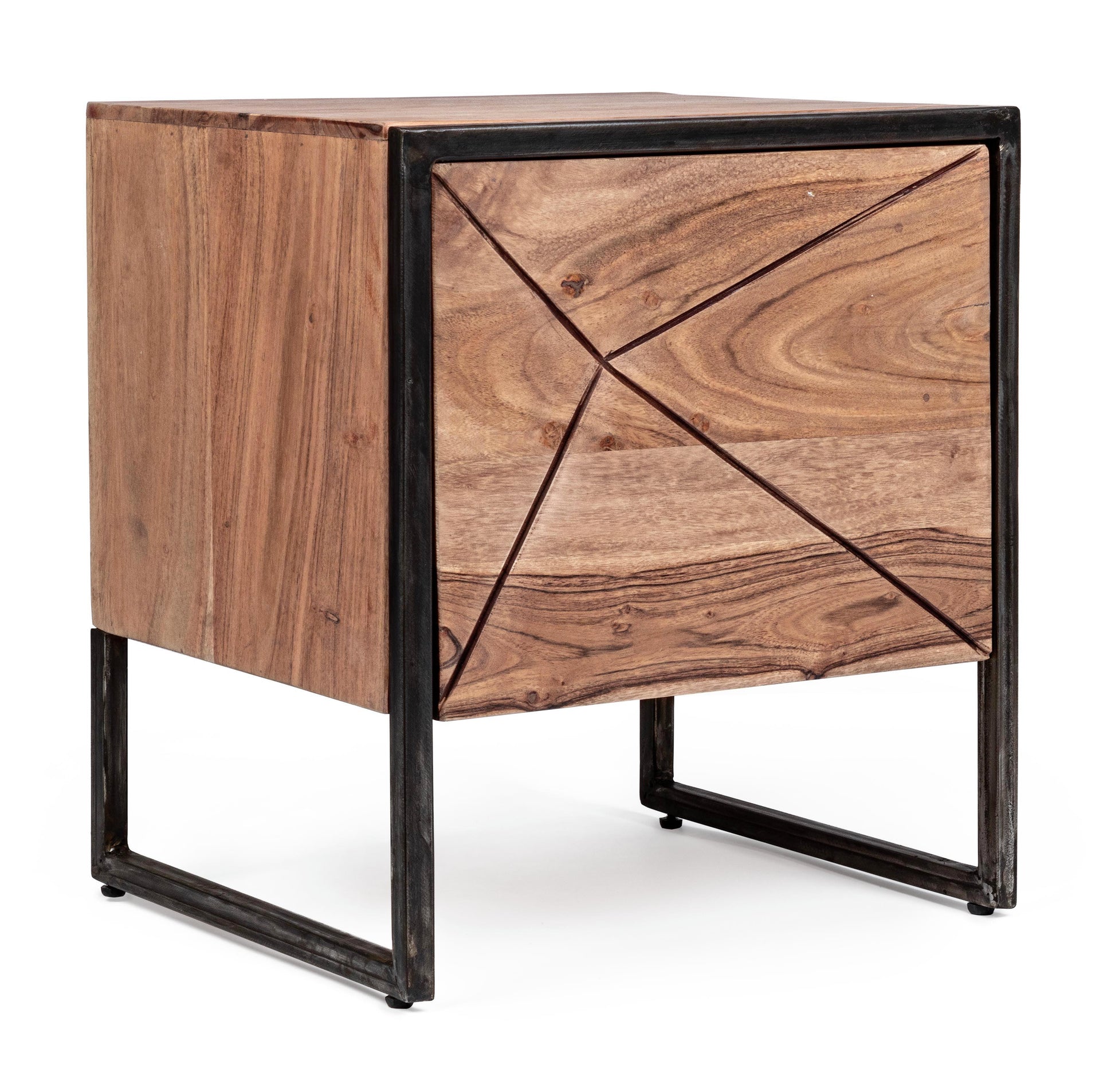Comodino industrial vintage decorazione geometrica in legno massello e struttura in ferro con 1 anta - SPEDIZIONE GRATUITA  lapagoda.net