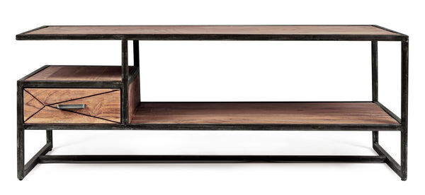 Tavolino industrial vintage decorazione geometrica 1 cassetto in legno massello e struttura in ferro - lapagoda.net