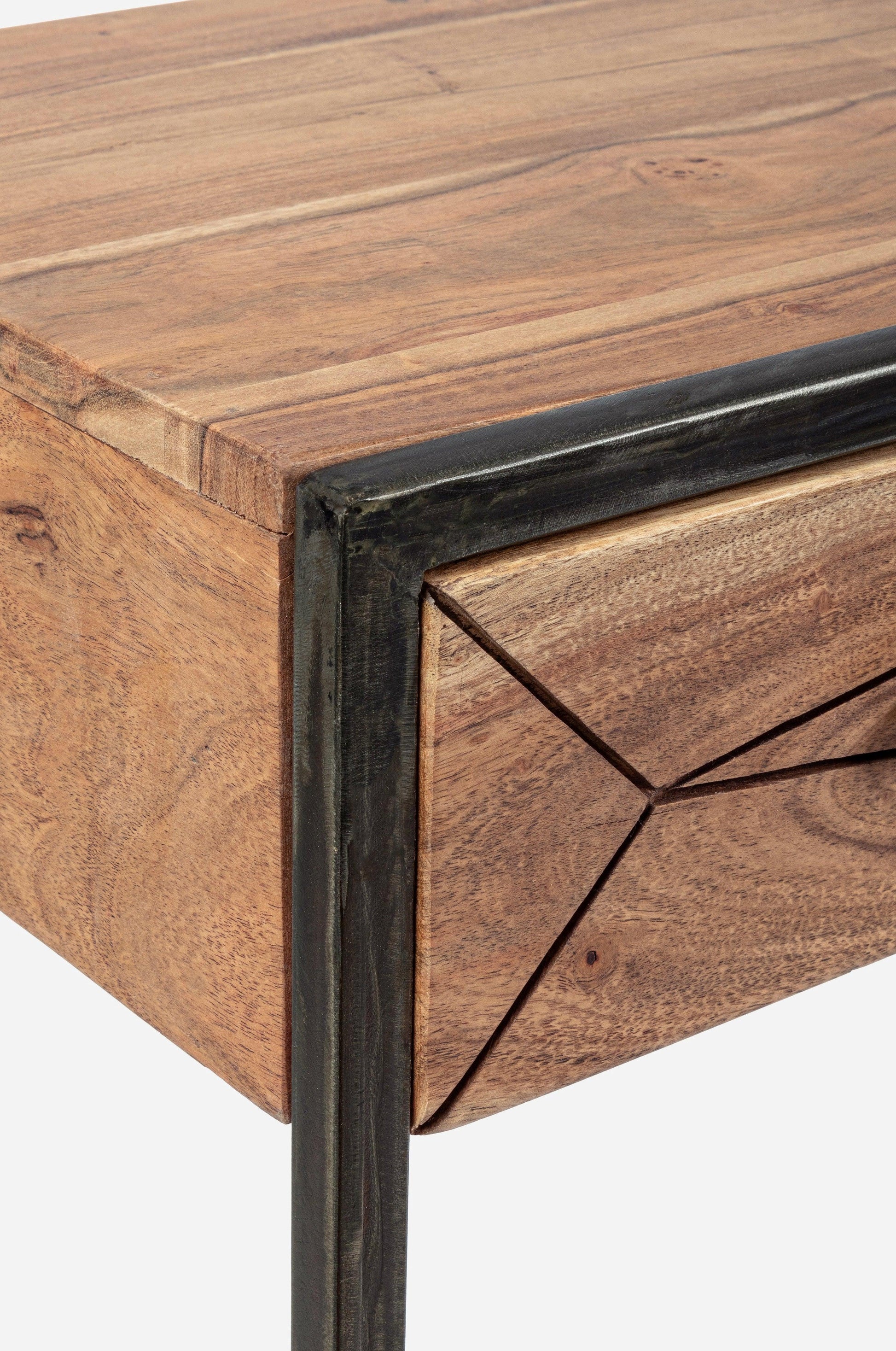 Consolle industrial vintage decorazione geometrica in legno massello e struttura in ferro con 2 o 3 cassetti - lapagoda.net