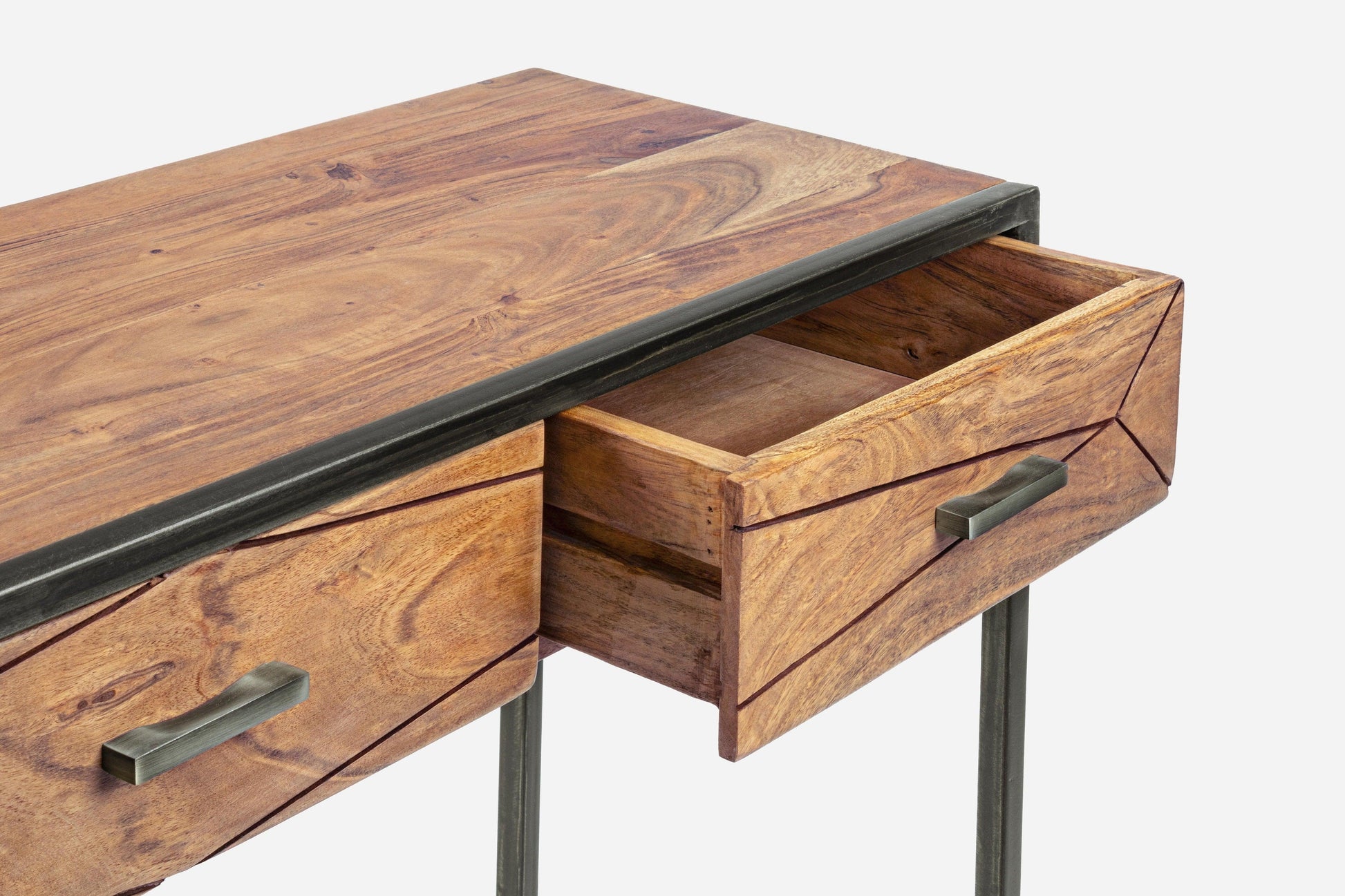 Consolle industrial vintage decorazione geometrica in legno massello e struttura in ferro con 2 o 3 cassetti - lapagoda.net