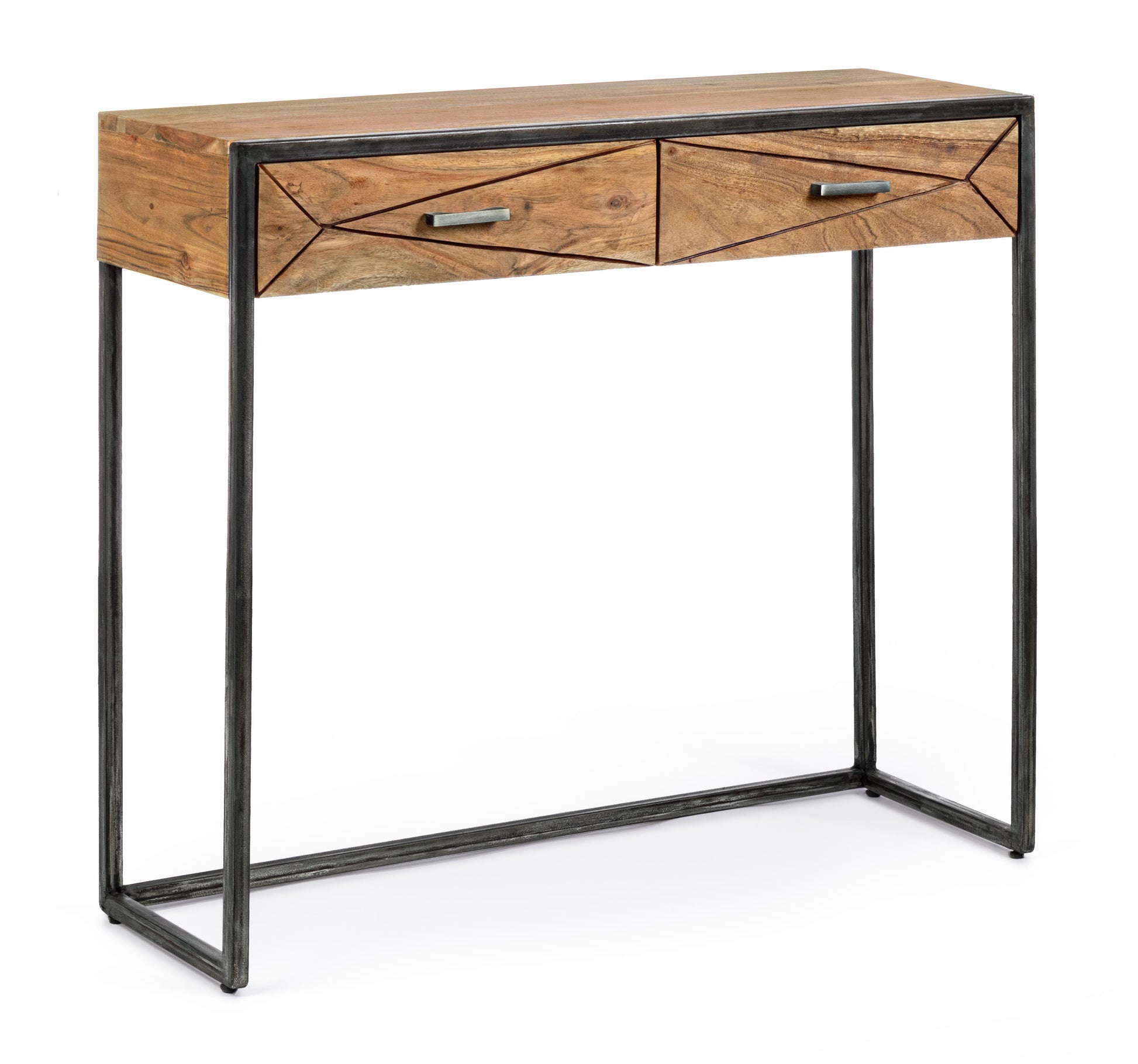 Consolle industrial vintage decorazione geometrica in legno massello e struttura in ferro con 2 cassetti - lapagoda.net