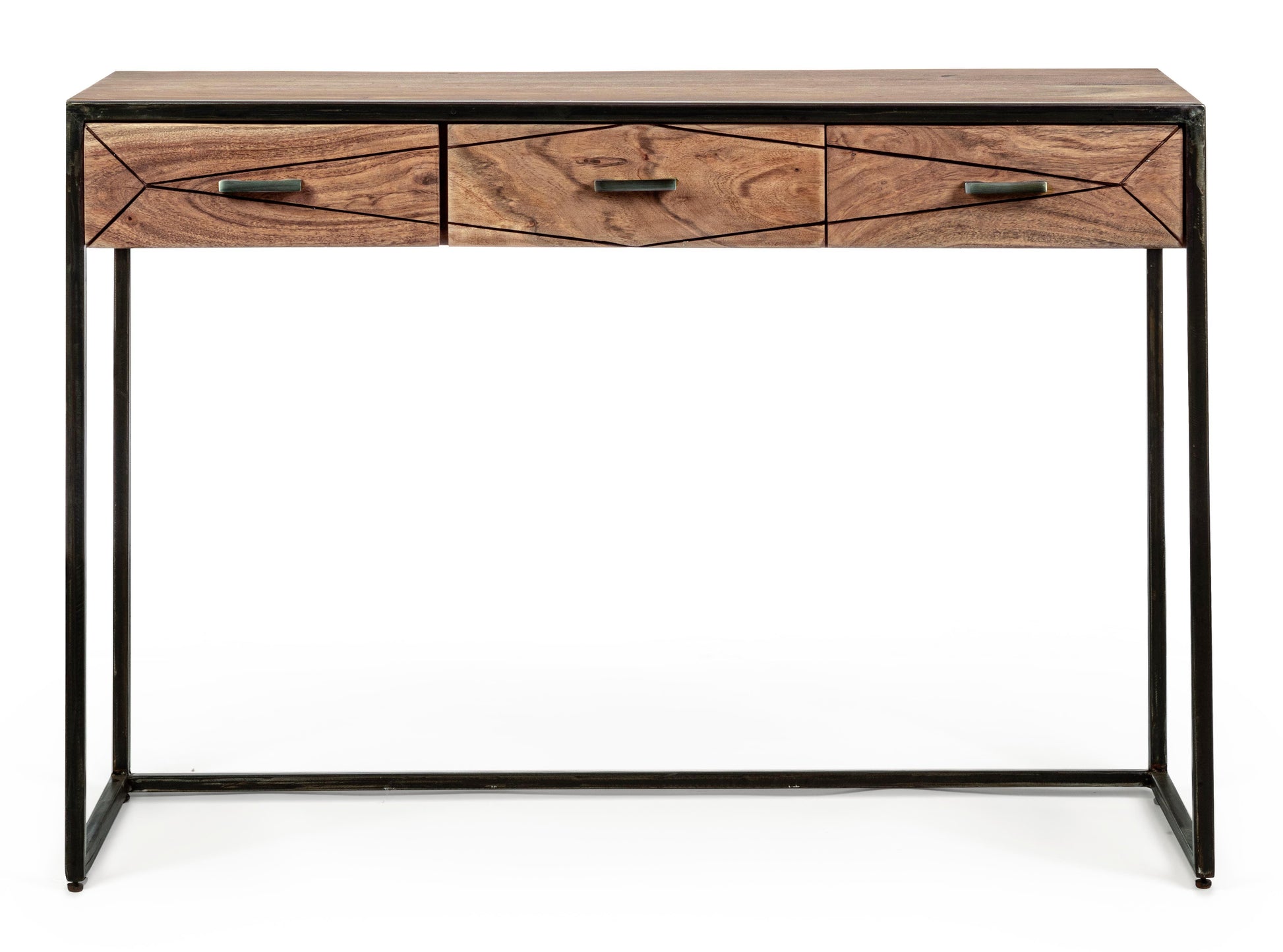 Consolle industrial vintage decorazione geometrica  in legno massello e struttura in ferro con 3 cassetti - lapagoda.net