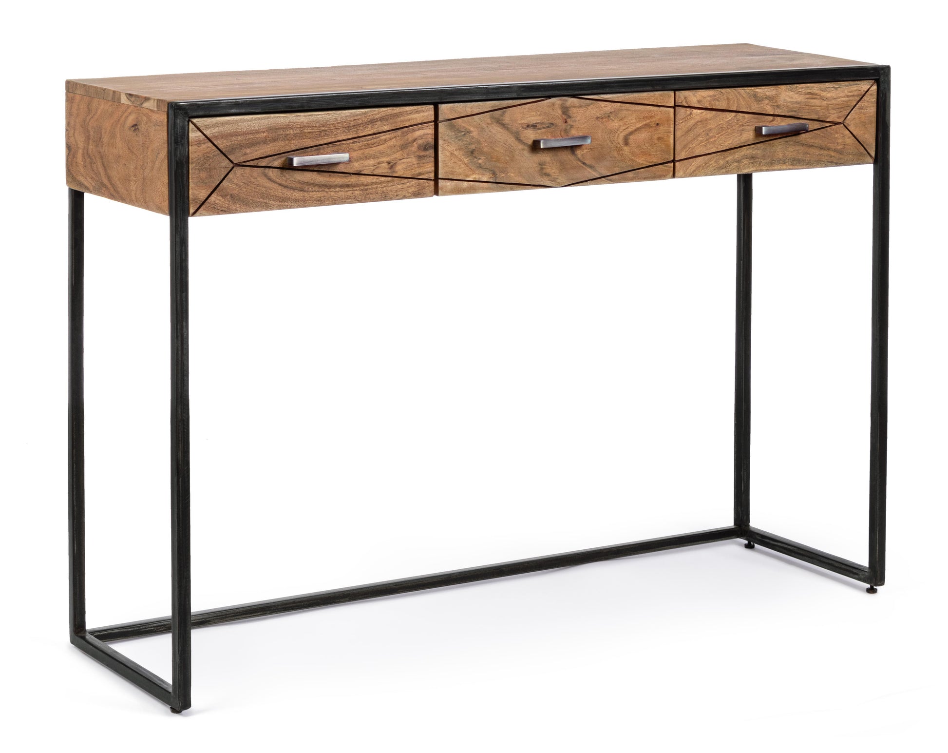 Consolle industrial vintage decorazione geometrica in legno massello e struttura in ferro con 3 cassetti - lapagoda.net