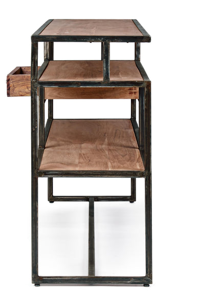 Consolle industrial vintage decorazione geometrica in legno massello e struttura in ferro con 1 cassetto