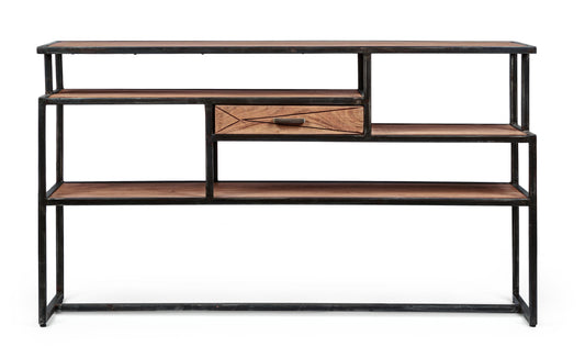 Consolle industrial vintage decorazione geometrica  in legno massello e struttura in ferro con 1 cassetto - lapagoda.net
