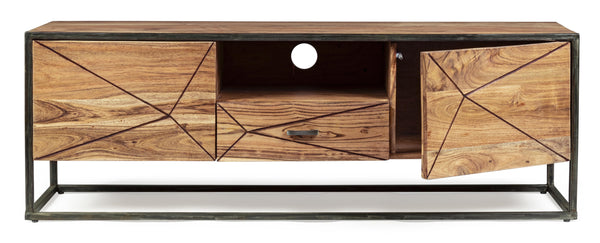 Mobile porta tv industrial in legno massello e ferro con 2 ante e 1 cassetto - SPEDIZIONE GRATUITA