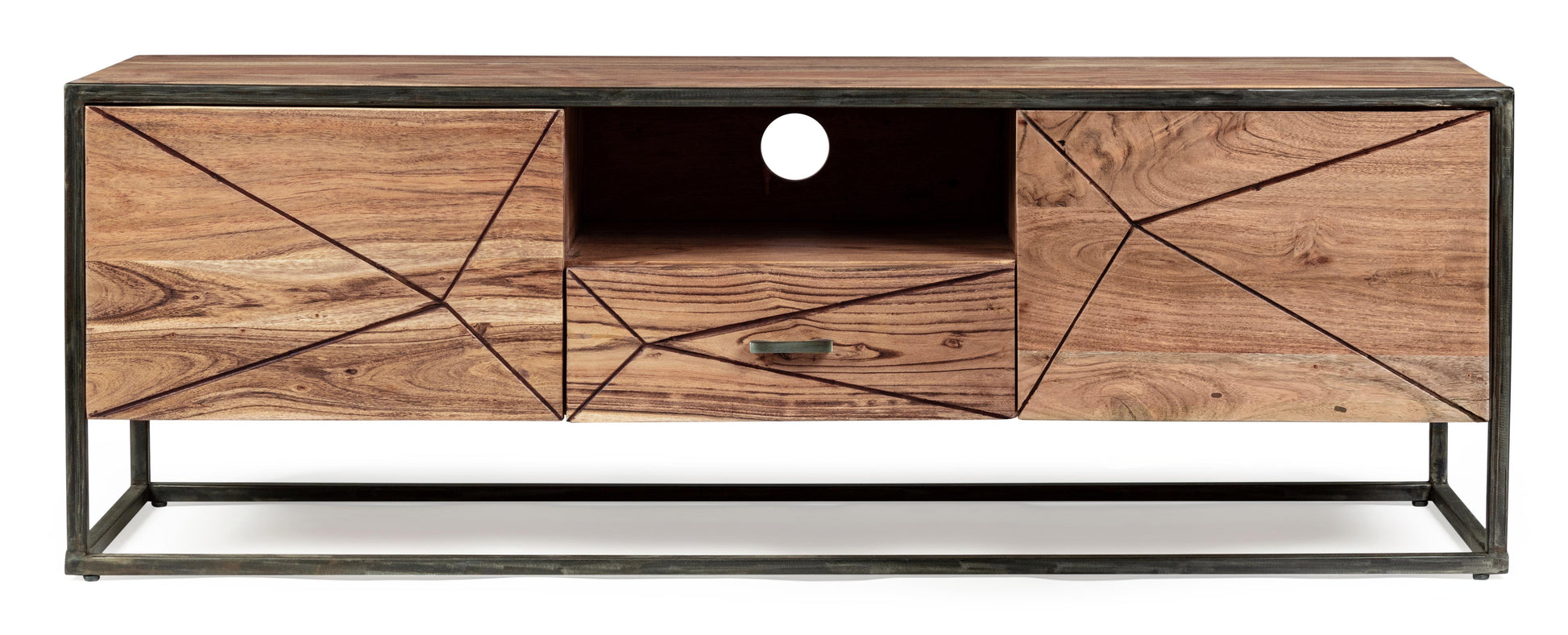 Mobile porta tv industrial vintage decorazione geometrica in legno massello e struttura in ferro con 2 ante e 1 cassetto -lapagoda.net