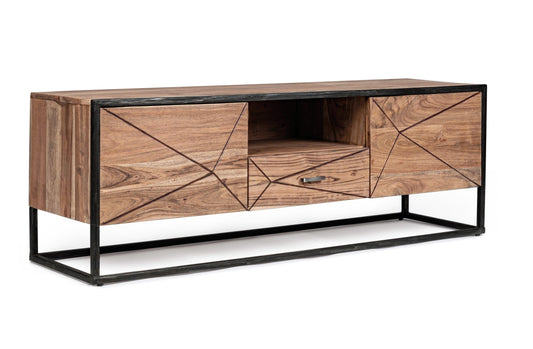 Mobile porta tv industrial vintage decorazione geometrica in legno massello e struttura in ferro con 2 ante e 1 cassetto -lapagoda.net SPEDIZIONE GRATUITA