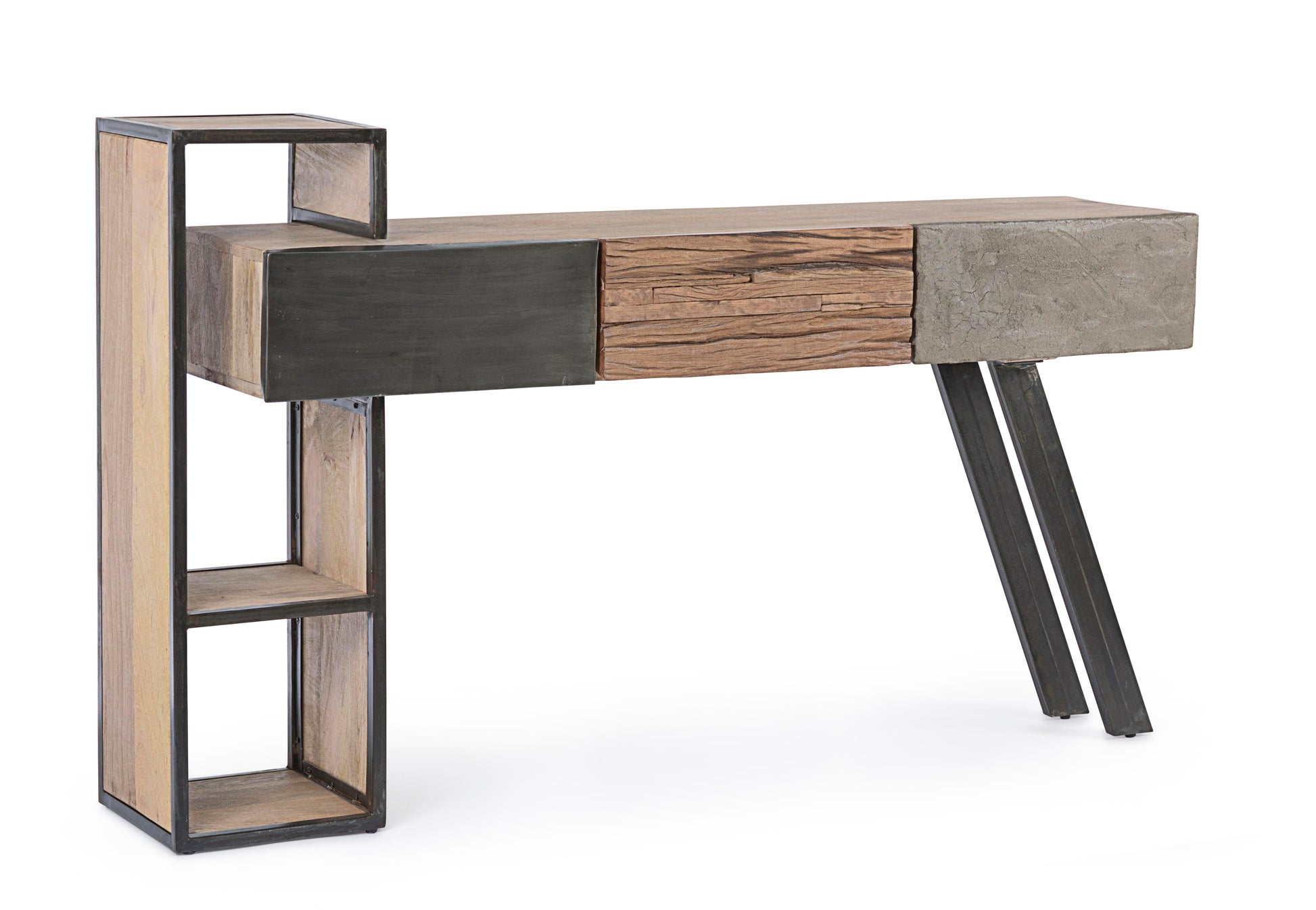 Mobile consolle industrial in legno con struttura in ferro frontali ferro legno cemento 3 cassetti - lapagoda.net