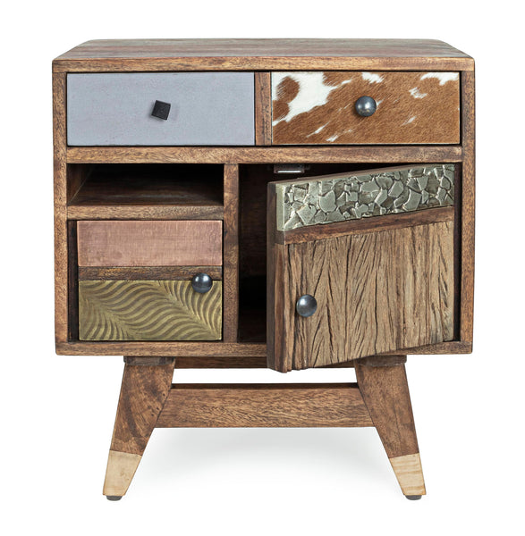 Comodino vintage multicolore metallo e pelle in legno massello