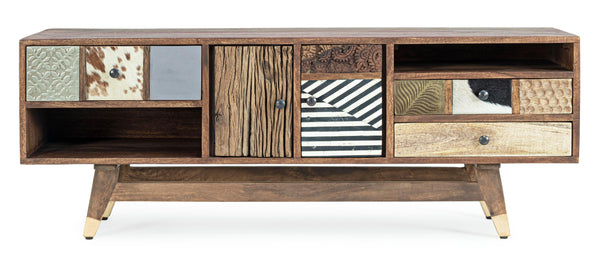 Mobile porta tv vintage multicolore pelle e metallo in legno massello