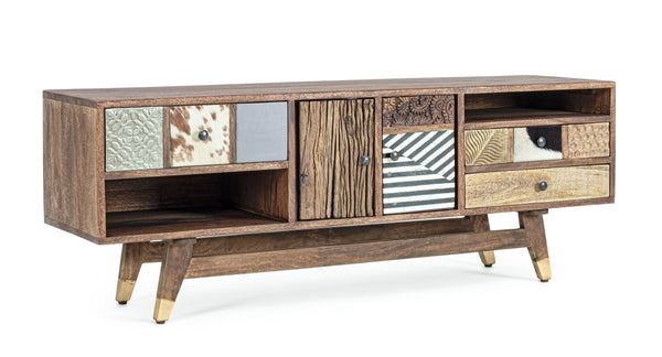 Mobile porta tv vintage multicolore pelle e metallo in legno massello
