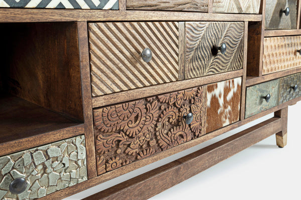 Credenza vintage multicolore metallo e pelle 2 ante 11 cassetti in legno massello