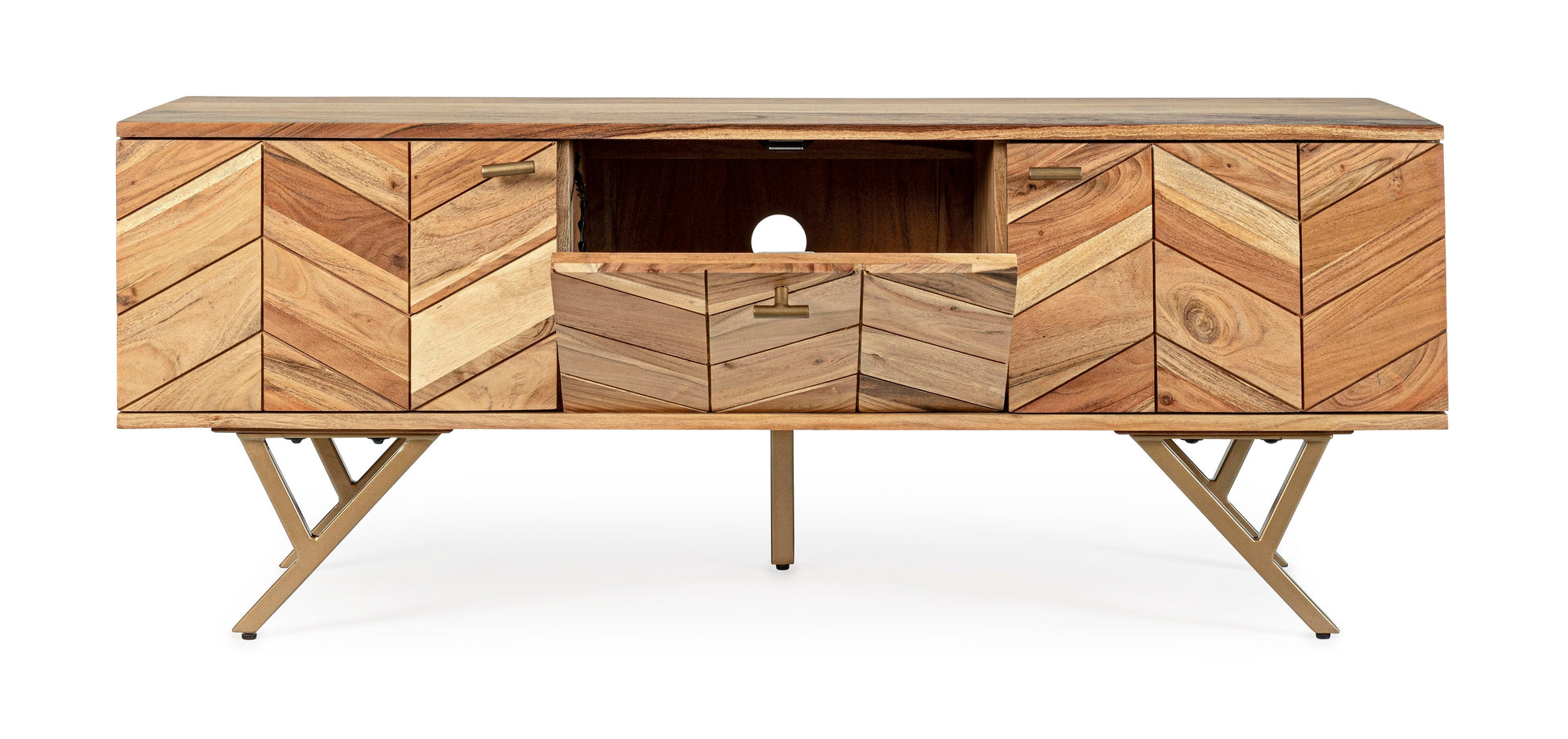 Credenza porta TV 3 ante in legno d'acacia con venature chiare del legno - lapagoda.net